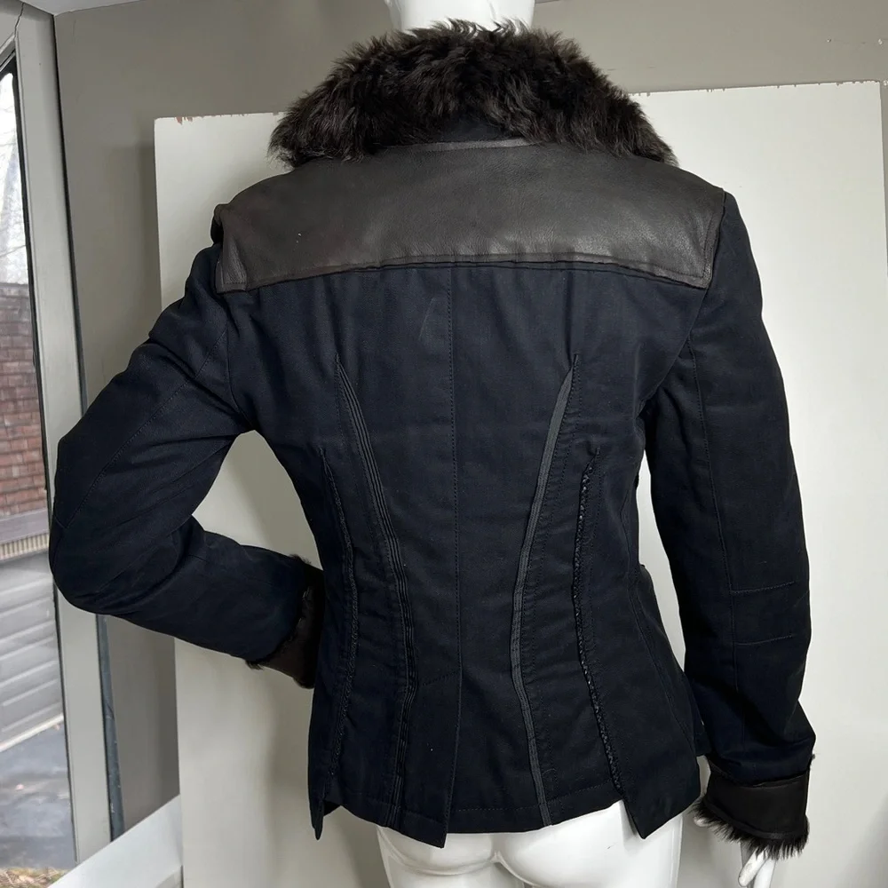 SportMax Code Sz 8 Cotton Leather Fur Fitted Quilted Interior Blazer Jacket